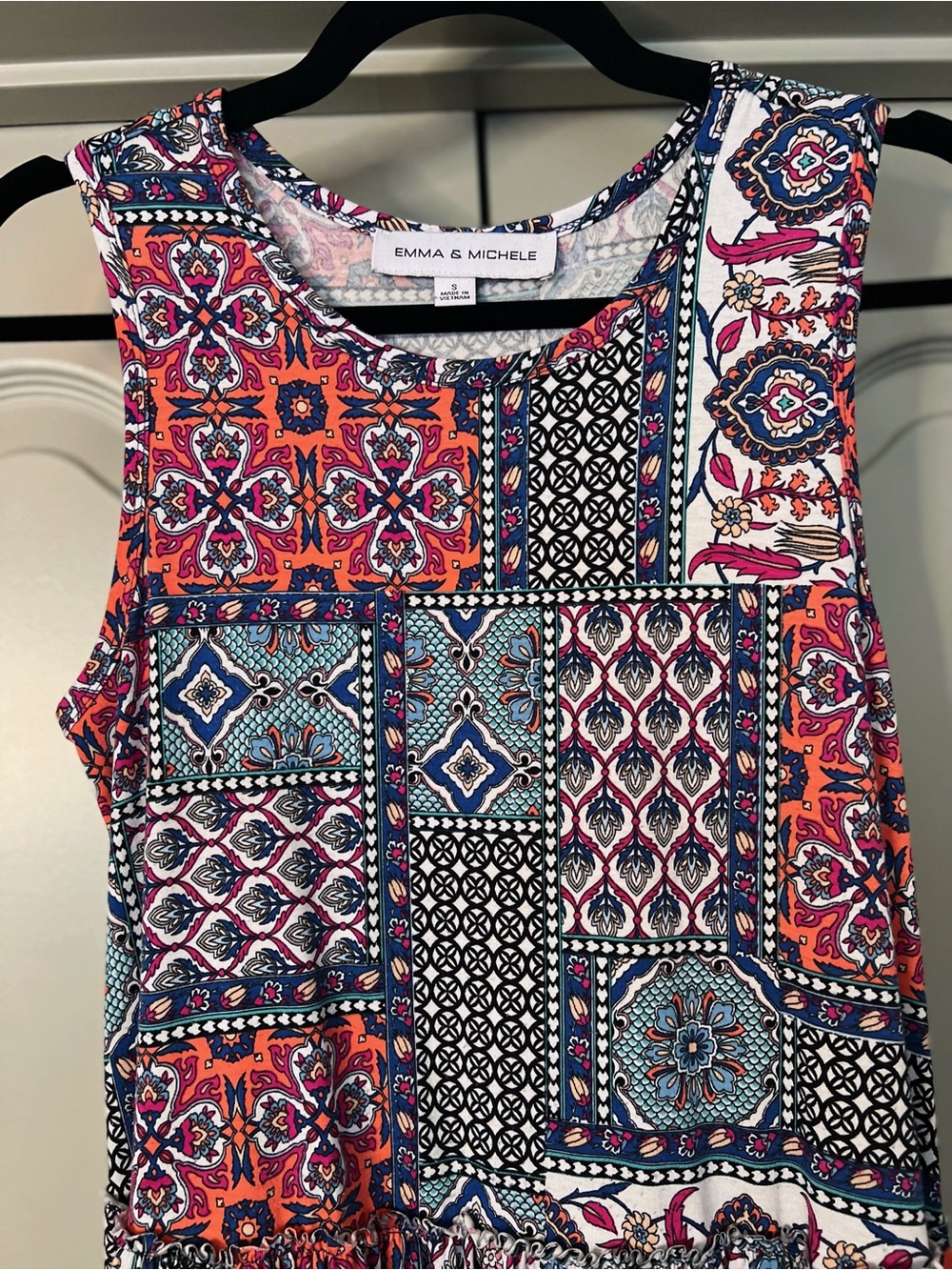 Emma & Michele Patchwork Boho Midi Dress | Sleeveless Tiered | Size Small - Picture 2 of 6